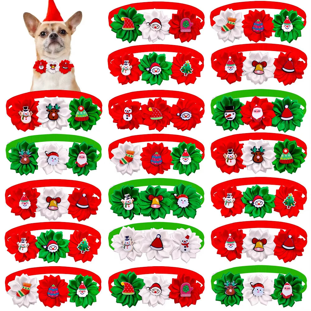 20Pcs/Lot Christmas Style Three Headed Flower Pet Collar Bowtie New Year Dog Bows Accesorios Dog Stuff Para Perros