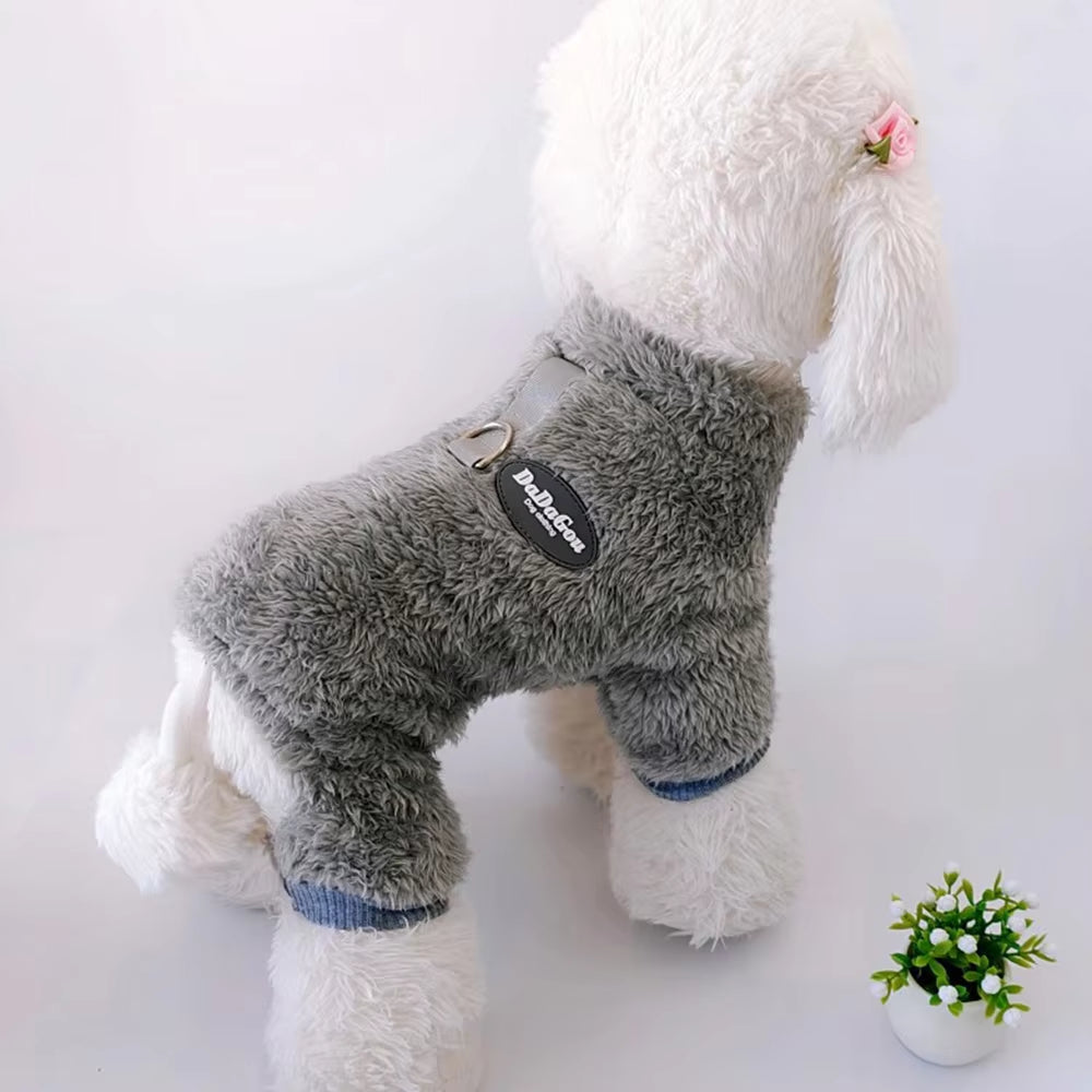 Fleece Puppy Dog Pajamas Four Legs Warm Jumpsuit for Small Dogs Winter Pet Cat Clothing Dog Overalls Clothes with Walking D Ring