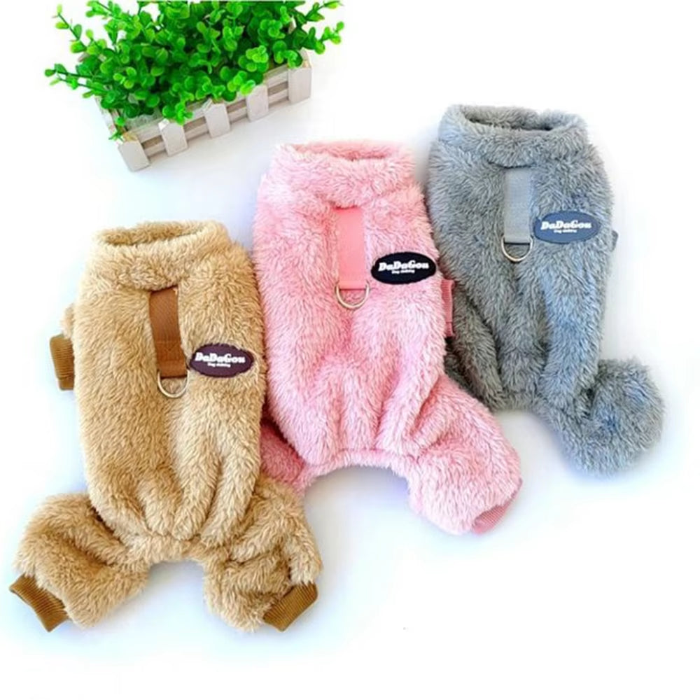 Fleece Puppy Dog Pajamas Four Legs Warm Jumpsuit for Small Dogs Winter Pet Cat Clothing Dog Overalls Clothes with Walking D Ring