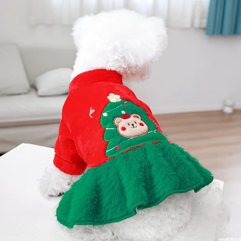 1PC Pet Clothing Autumn and Winter Plush Thick Christmas Tree Teddy Bear Princess Dress Suitable for Small and Medium-Sized Dogs