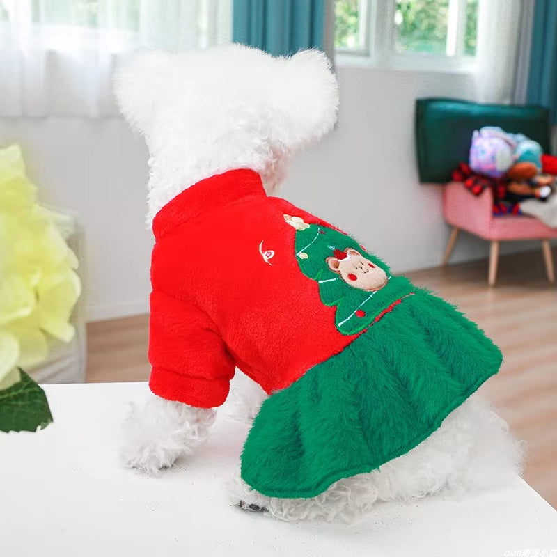 1PC Pet Clothing Autumn and Winter Plush Thick Christmas Tree Teddy Bear Princess Dress Suitable for Small and Medium-Sized Dogs