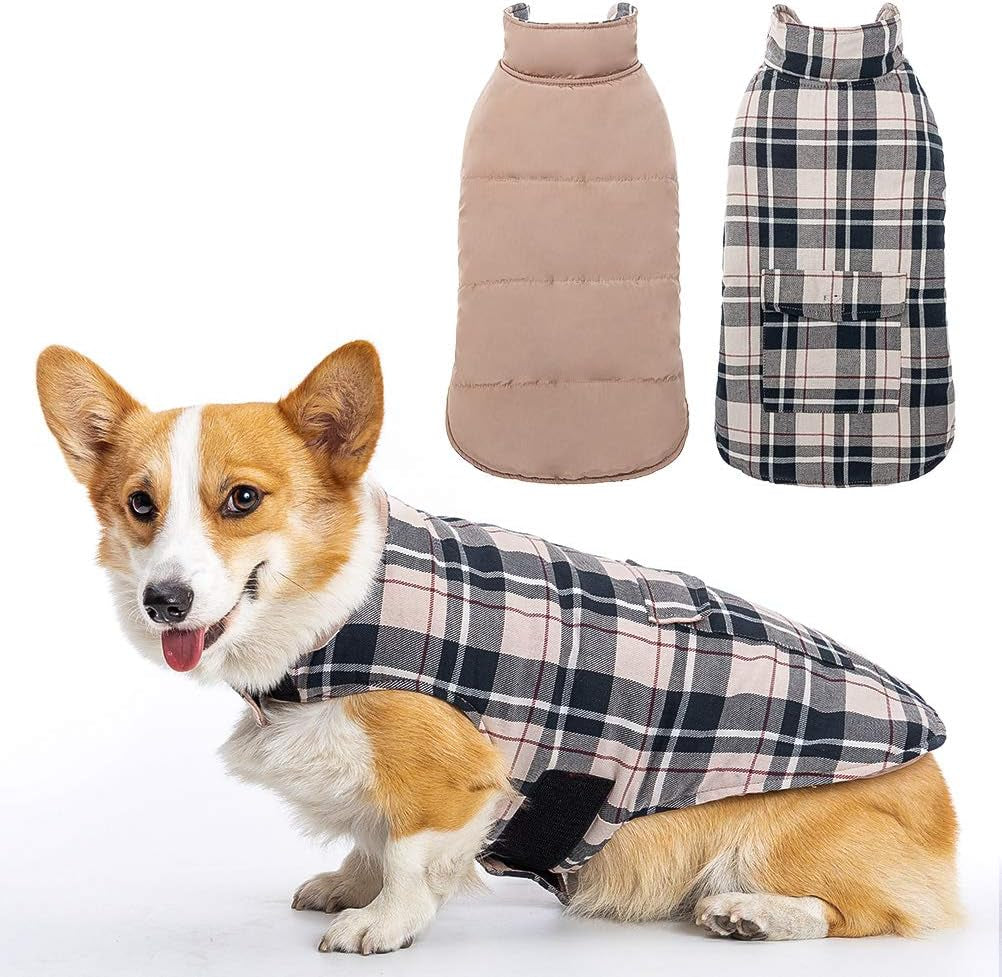 Dog Winter Clothes Reversible Jacket Warm Coat Windproof Waterproof Plaid Vest Christmas Suit for Small Medium Large Dogs Pets Cold Weather Wearing, Cream L