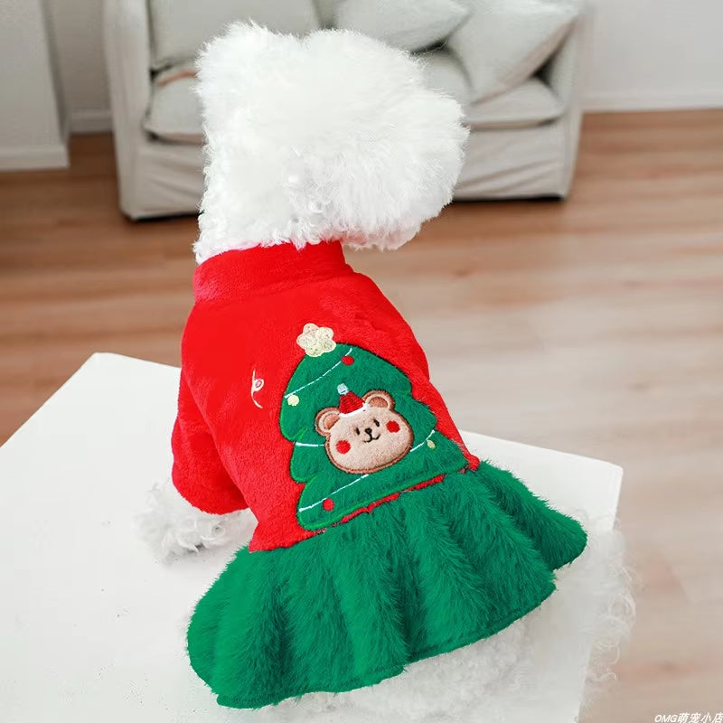 1PC Pet Clothing Autumn and Winter Plush Thick Christmas Tree Teddy Bear Princess Dress Suitable for Small and Medium-Sized Dogs