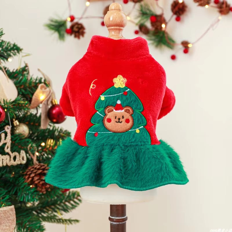 1PC Pet Clothing Autumn and Winter Plush Thick Christmas Tree Teddy Bear Princess Dress Suitable for Small and Medium-Sized Dogs