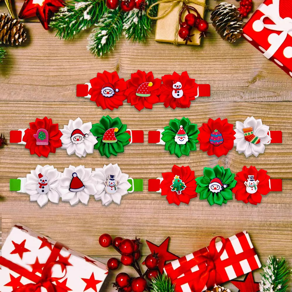 20Pcs/Lot Christmas Style Three Headed Flower Pet Collar Bowtie New Year Dog Bows Accesorios Dog Stuff Para Perros